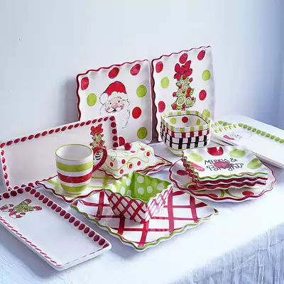 Export Christmas festive tableware set hand-painted colored ceramic size plate long plate bowl mug gift