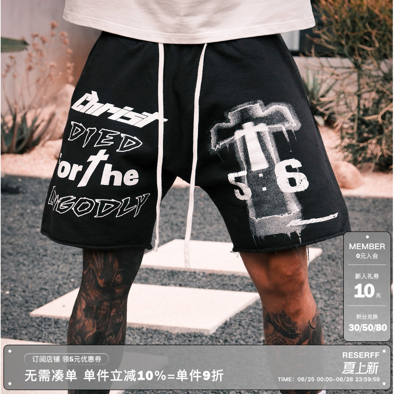 Reserff Cross Covenant Hand-Drawn Illustration Classic Slogan Shorts Hip-Hop Retro Summer Trendy Brand Five-Point Shorts