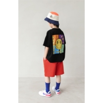 Boy short sleeve T-shirt 2021 summer New Tide cotton smiley face coat children summer loose black half sleeve