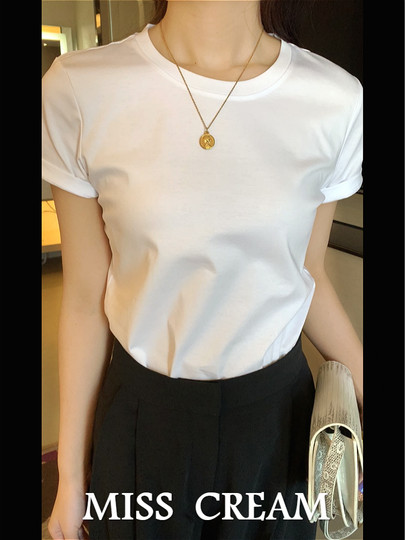 2025 summer new Xinjiang 80-count double mercerized cotton solid color round neck short-sleeved t-shirt for women slim and classic texture