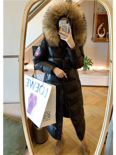 Thickened extra long goose down down jacket for women slim fit and warm 2025 winter new imported raccoon fur collar knee-length A-line