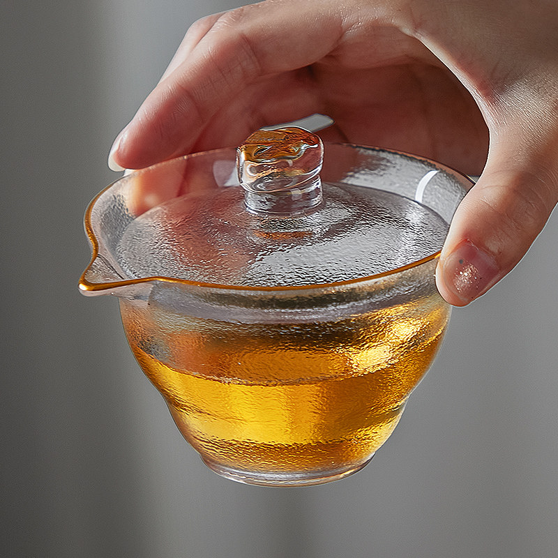 Sun-style glass lid bowl tea set with single three-only tea bowl anti-scalding large number hand grit kung-fu tea maker punching tea