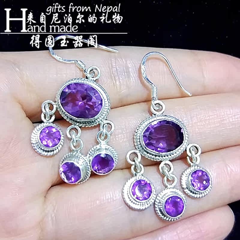 Серьги 尼泊尔印度手工925银镶天然紫水晶耳环捕梦网耳坠流苏复古民族风 OTHER