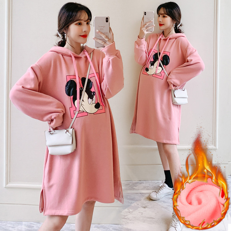 Real shot ~ spot (plus velvet) 2021 winter new maternity wear casual loose long version hooded sweatshirt skirt