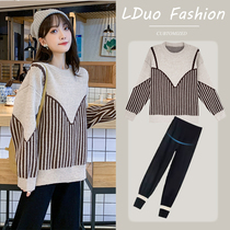 Pregnant women autumn and winter clothing set out Fashion Net red Air Age loose sweater top two-piece autumn and winter