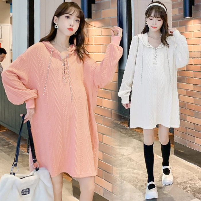 Spot real shot maternity dress net red knitting fried street hooded loose autumn and winter long-sleeved sweater dress 8969#