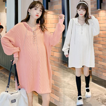 Spot real shot pregnant womens skirt Net red knitted fried street hooded loose autumn winter long sleeve sweater dress 8969#