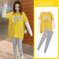 Real shot small video 2021 autumn new sweater T-shirt hem split stitching sleeve rotten hole fake two-piece set