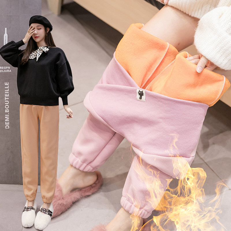 Autumn and winter maternity pants super comfortable cross waist support belly pants women's plus velvet bubble cloth casual pants leggings warm pants