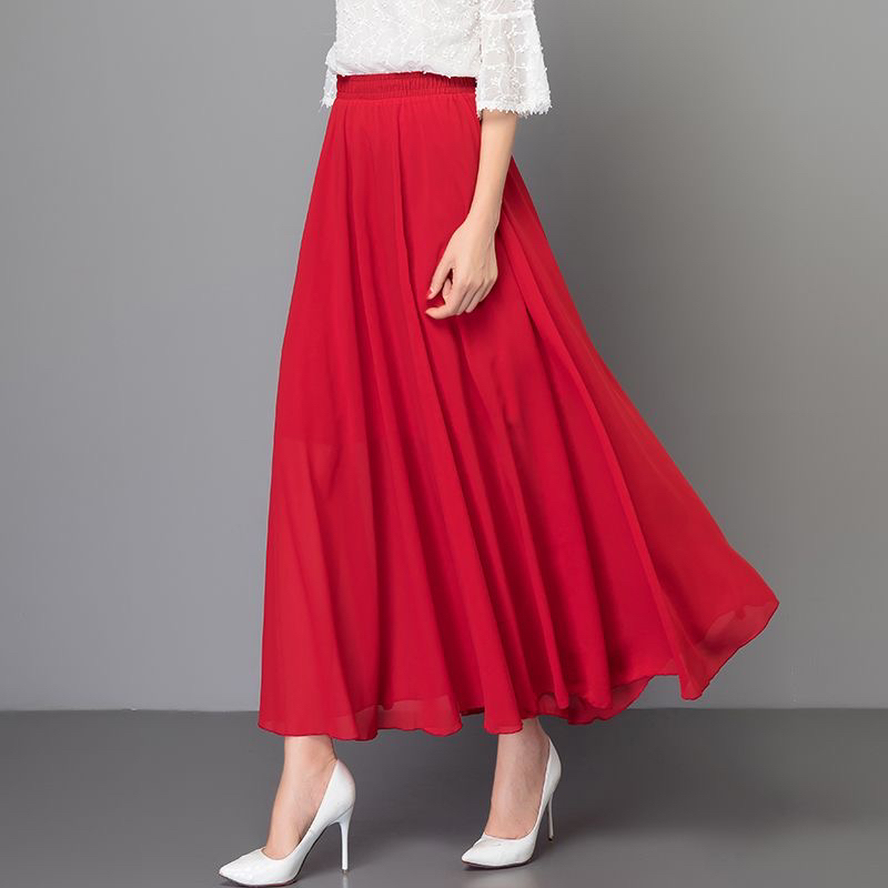 Chiffon 2025 Summer New Red Long Skirt for Women, Solid Color, Large Hem, Flowing Skirt, Slimming, High Waist, Plus Size Chiffon 2025 Summer New Red Long Skirt for Women, Solid Color, Large Hem, Flowing Skirt, Slimming, High Waist, Plus Size
