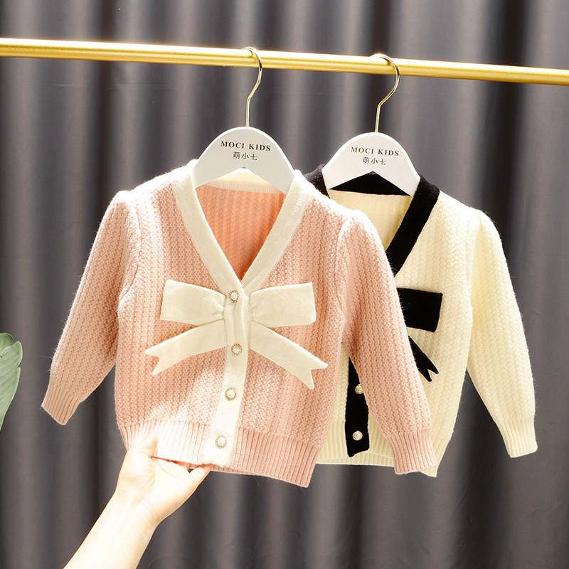 Female Baby Foreign Pie Small Fragrance Sweater Sweater Jacket Baby Boy Spring Autumn Clothing New Tennis Red Girl Knit Cardiovert Sanitary Clothing