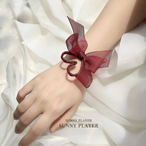 Wrist flower wedding Chinese red bridesmaid bride sister group love bow wine red ribbon bracelet hand flower