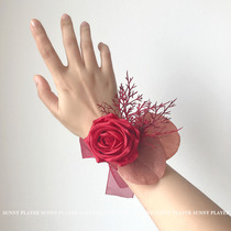 Wedding Wrist Flower Hand flower Bride Bridesmaid sister Big Red Festive vintage rose bracelet Corsage Lapel flower