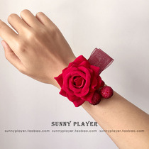 Bride wrist flower Wedding bridesmaid sister festive big red simulation rose berry Sen tie bracelet hand flower