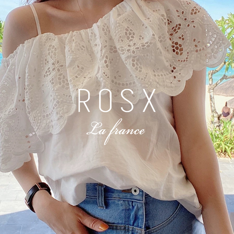 Rosx French-Style White Lace Hollow-Out Ruffled Off-Shoulder Shirt for Women, Summer Elegant Style, Asymmetrical Shoulder Short Top