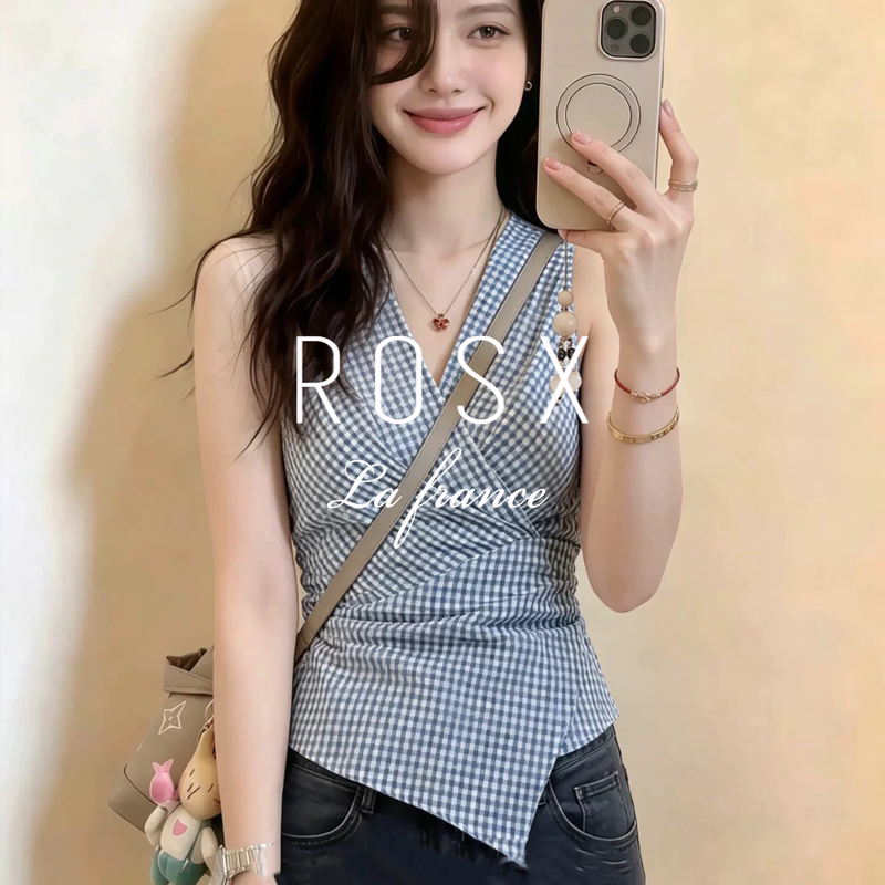 Rosx French-Style Elegant Color-Blocked Plaid V-Neck Sleeveless Shirt for Women, Summer Irregular Cross-Waist Slim-Fit Blouse