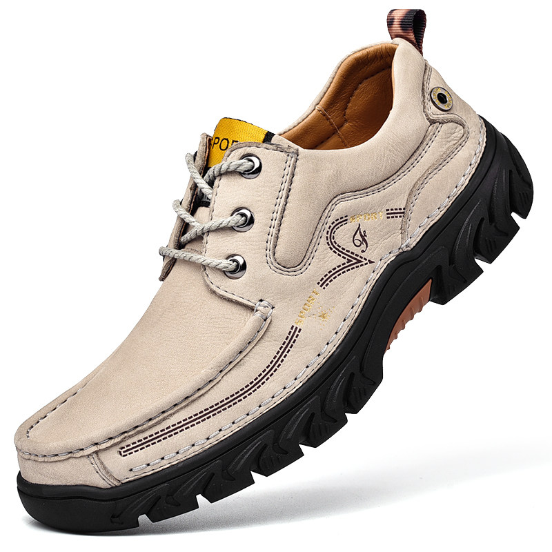 Head Layer Bull Leather Fall Mountaineering Shoes Men Waterproof Non-slip Outdoor Sport Hiking Low Helping Wide Head Genuine Leather Casual Shoes