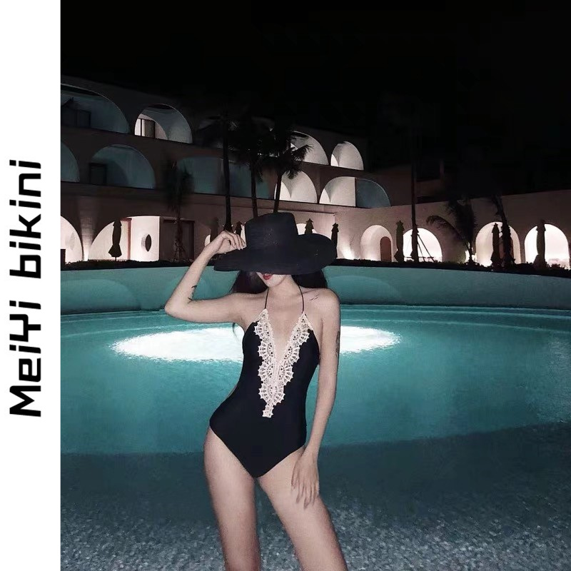 MeiYi ins little red book recommending lace V collar bikini black even body sexy spa women's swimsuit woman