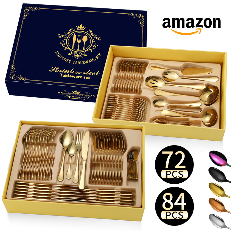 Cross-Border 72/84-Piece Set Amazon Best-Selling Western Restaurant Stainless Steel Tableware Set Steak Knife, Fork, Spoon