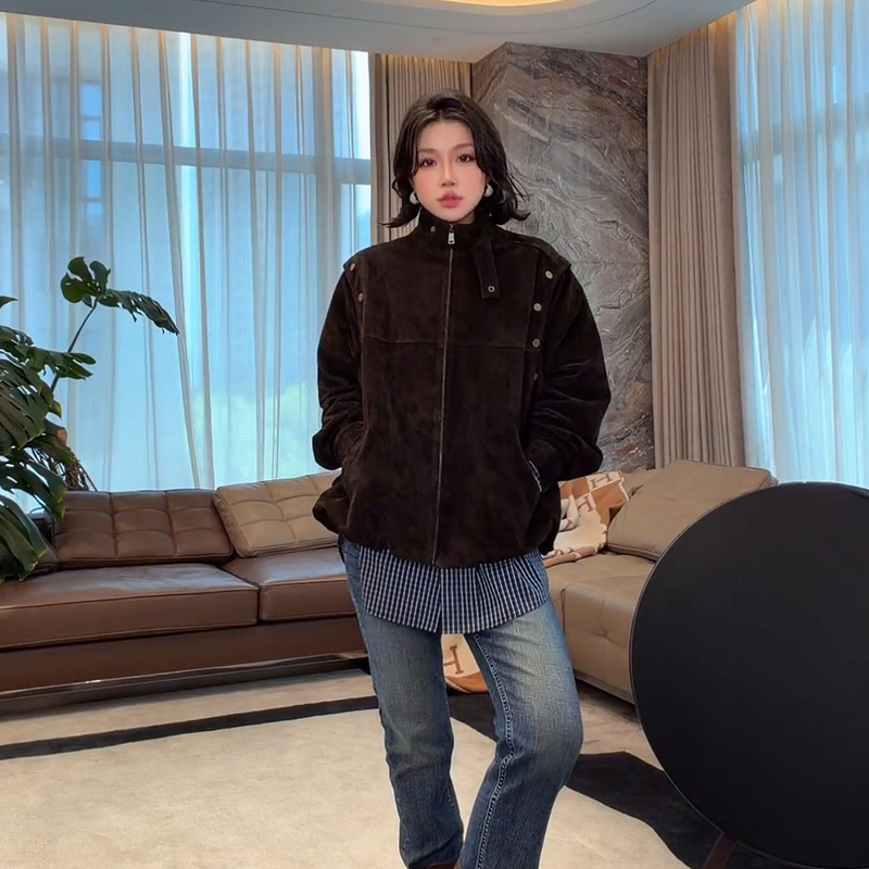 Lao Yang's Clothing Me【Buck Leather Jacket】Heavyweight Cow Suede Rivet Deconstructed Vintage Slimming Genuine Leather Fashion Style