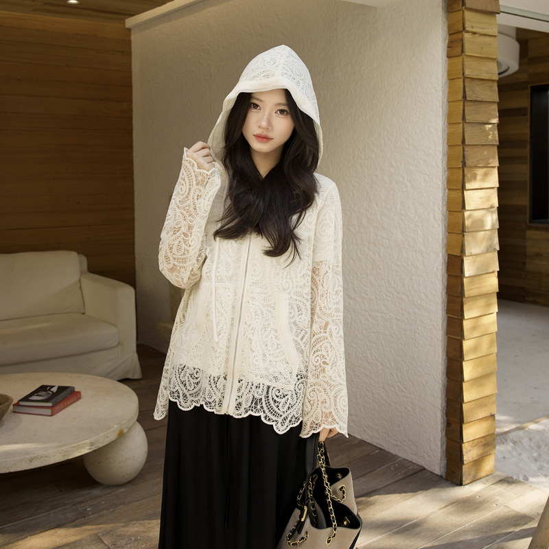 Lao Yang's Private Collection/Flower Bud Hoodie for Women, Heavy Lace Blouse, Sun Protection Hooded Cover-Up Jacket, 2026 Spring New Style