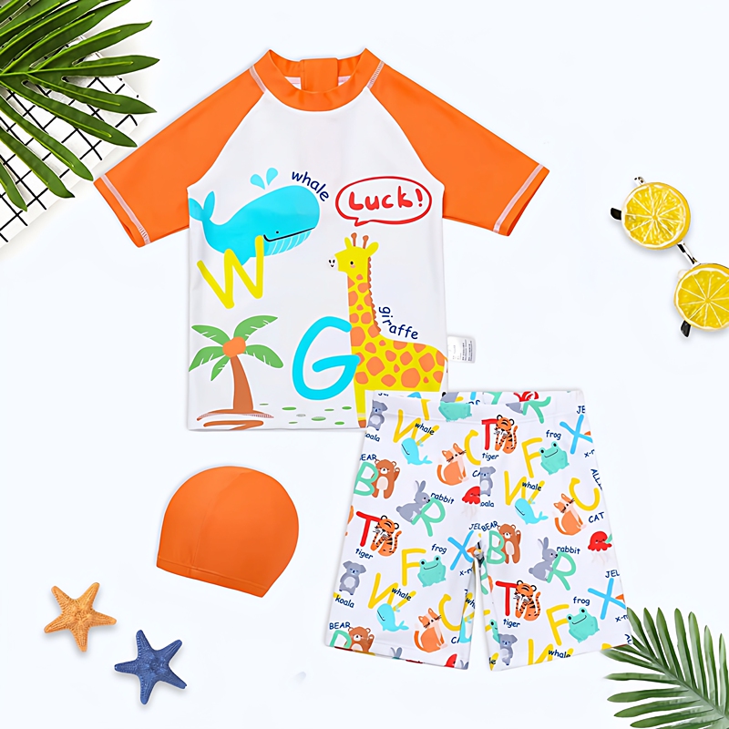 Children's Swimsuit for Boys, Cartoon Whale and Giraffe Design, Two-Piece Short Quick-Drying Cute Swim Trunks for Toddlers and Young Kids