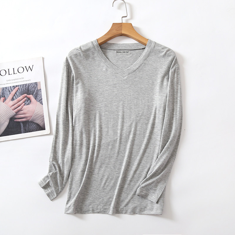Men's Pajama Top Modal Undershirt Summer Long-Sleeve T-Shirt Loose V-Neck Solid Color Spring and Autumn Men's Summer Loungewear