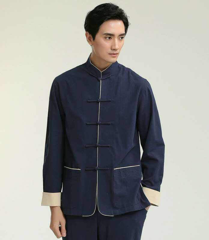 Mùa xuân và mùa thu nam giới Cotton và linen Retro Tang phù hợp với nam Áo dài tay Áo quốc phục Trang phục nhỏ Tuổi trẻ Trà Quần áo Quần áo bảo hộ lao động nam