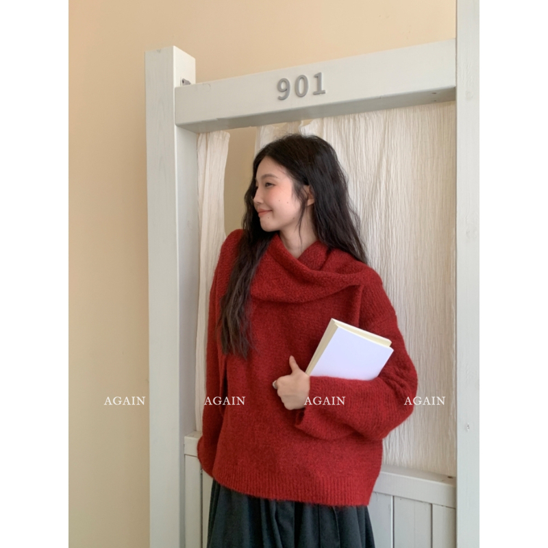 Again Christmas Red Pom-Pom Knitted Thick Warm Sweater for Women Winter Niche Design Shawl Two-Piece Set