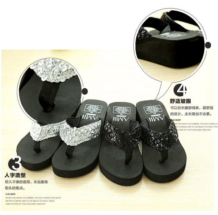 2016 dép thời trang mùa hè và dép dày cao gót muffin trơn triều nữ dép sequined wedges bãi biển flip-flops