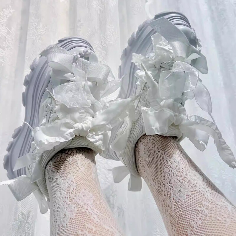 Mj Co-Branded Collaboration! Vintage Lolita Ribbon Bow Japanese-Style Women's Sneakers, Sports Casual Dad Shoes