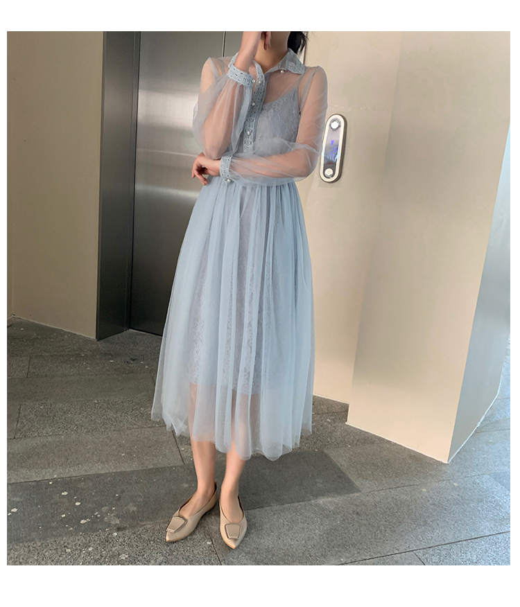 VK旗艦店 韓系氣質收腰蕾絲網紗修身套裝長袖裙裝