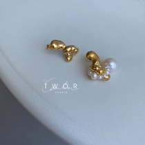 TWOR original niche design retro wax drop texture s925 silver pin copper gilded pearl earrings female