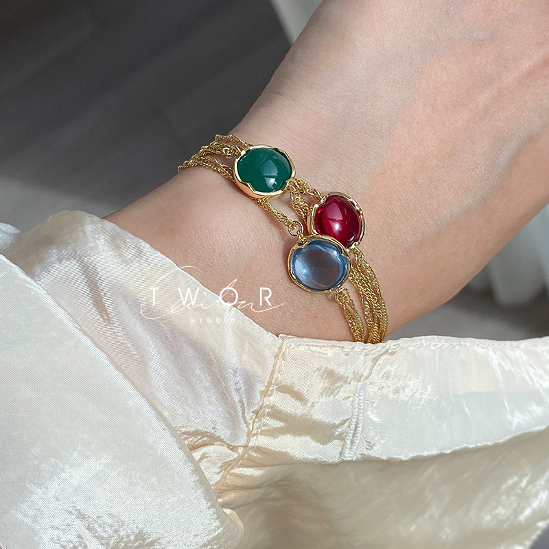 TWOR original design double chain ins retro red blue emerald bracelet simple and versatile