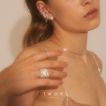 TWOR 1980s bright streamer retro diamond S925 Silver Fine Ring Ring simple versatile stack wear