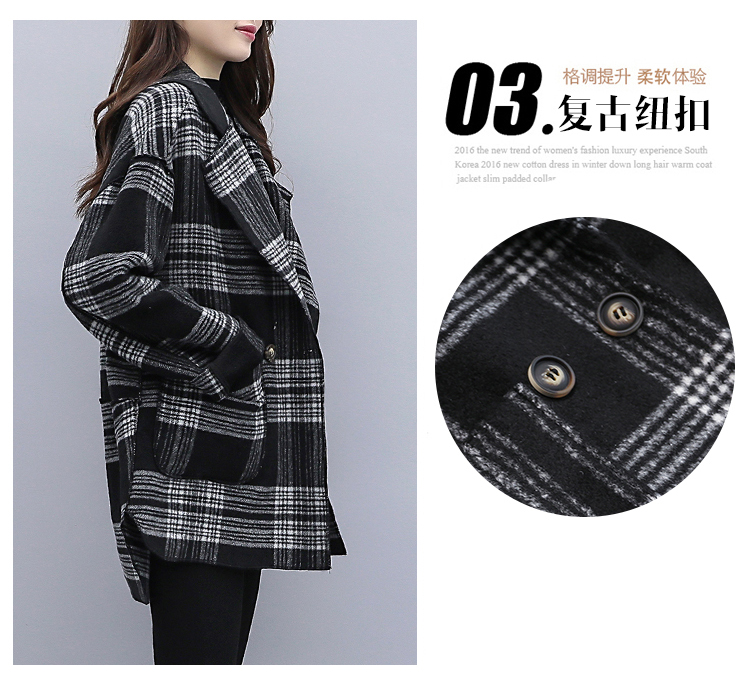 Áo khoác len nữ Houndstooth đoạn ngắn 2018 thu đông 2018 phiên bản Hàn Quốc mới của phụ nữ phổ biến áo khoác len rộng rãi nữ áo khoác lót lông nữ