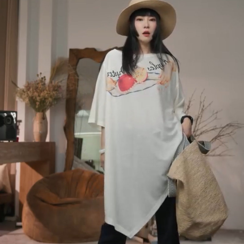 Infobyfive Summer Printed Letter Apple Irregular Hem Mid-Sleeve Dress Three Nf0602073 Infobyfive Summer Printed Letter Apple Irregular Hem Mid-Sleeve Dress Three Nf0602073