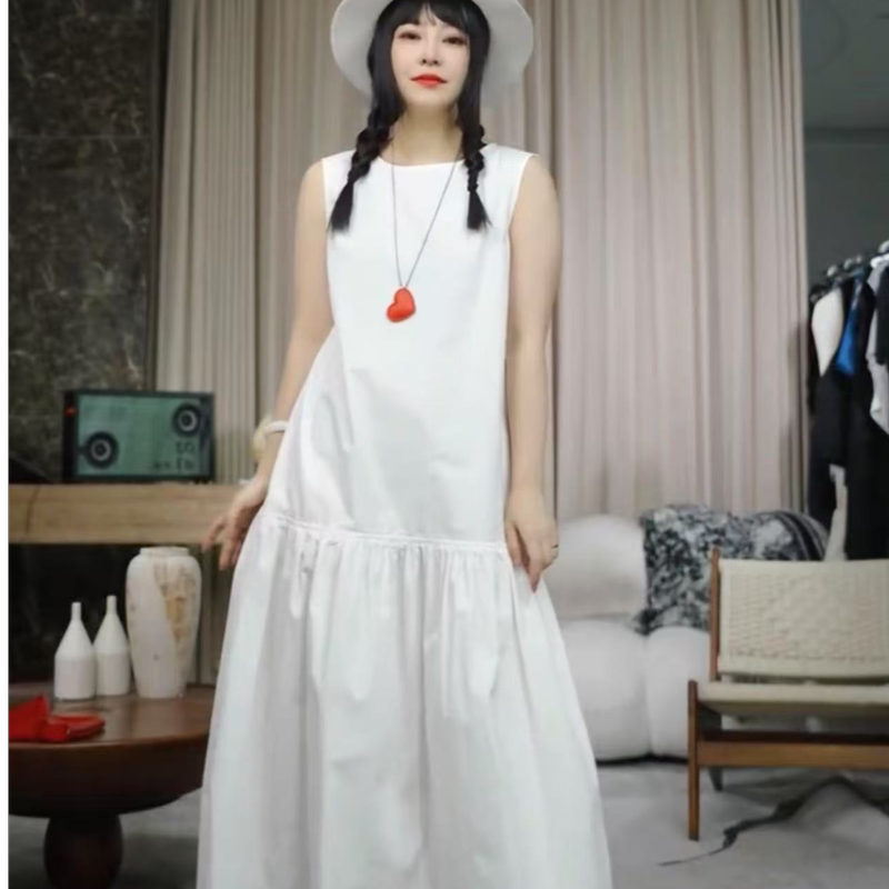Eanssy g Summer New White Simple Babydoll Sleeveless Mid-Length Dress Na2505C002