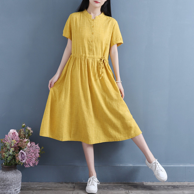 Literary retro short-sleeved A-line skirt summer new solid color cotton and linen belted skirt temperament simple dress for women