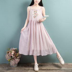Cotton linen embroidery suspender dress female 2023 summer new chinese style retro literary embroidery loose suspender skirt