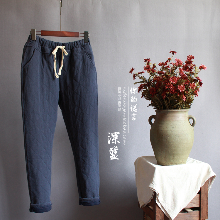 Dây rút thun eo retro văn học quạt nhỏ chân cotton quần màu rắn lanh áp lực dòng quần ấm áp nữ mùa đông quần tập gym nữ