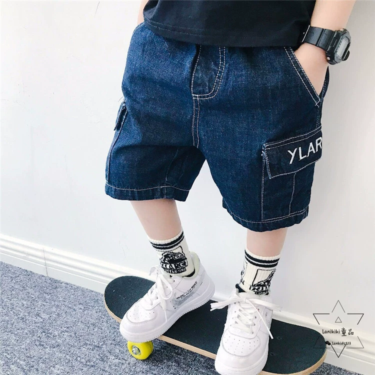 LANIKIKI 20 mùa hè mới của ngành công nghiệp nặng thêu chữ bên túi quần jean tất phù hợp với quần soóc giản dị hiện nay - Quần jean