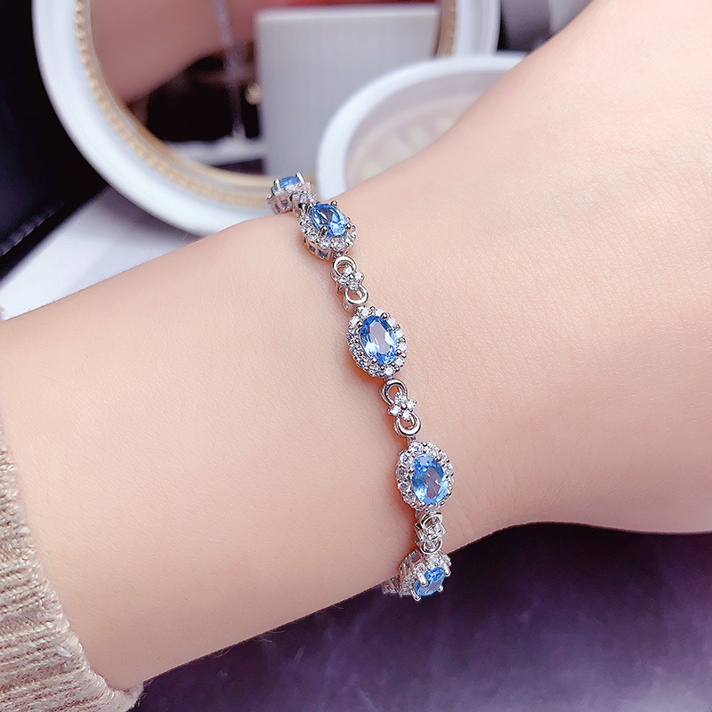 Natural Swiss Blue Topaz Bracelet for Women, Adjustable Length, 925 Sterling Silver Inlaid with Blue Gemstones, Versatile and Fashionable