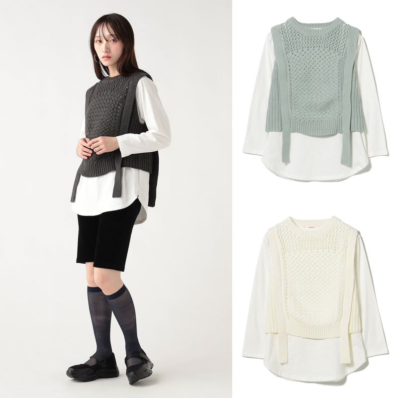 Japanese-Style Vintage Knit Sweater Vest with Ribbon and Patchwork Design Japanese-Style Vintage Knit Sweater Vest with Ribbon and Patchwork Design