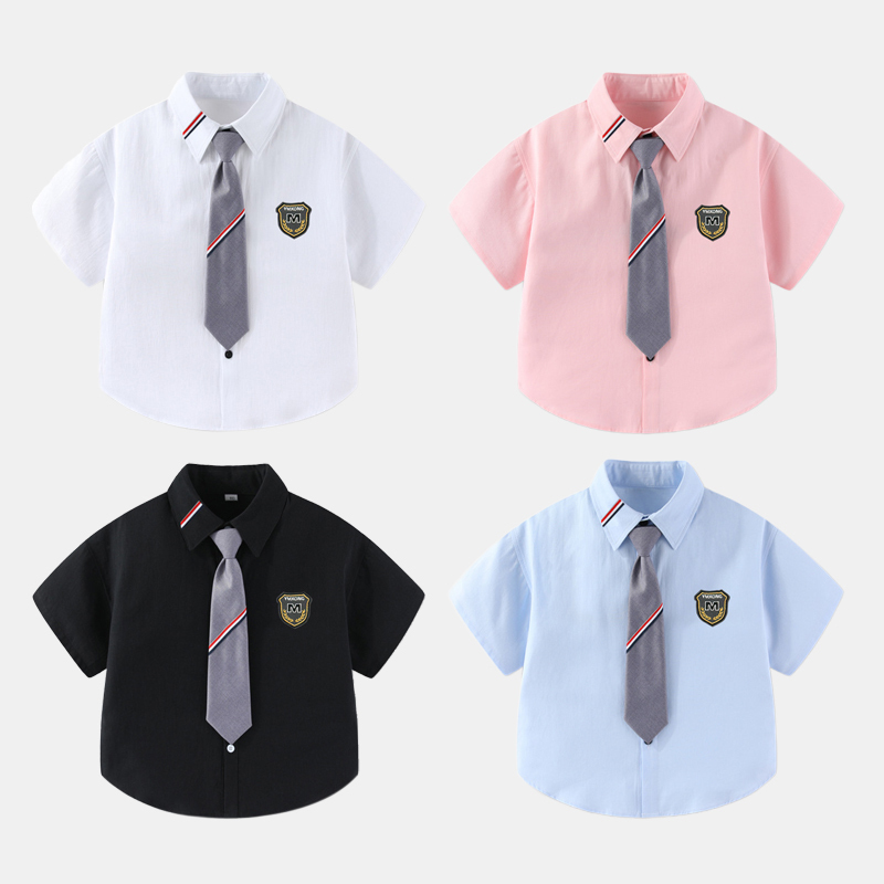 Boys' Summer Shirt, Pure Cotton, Thin Style, 2026 New Model, for Older Children, Comes with a Tie, Boys' Top, Children's Shirt