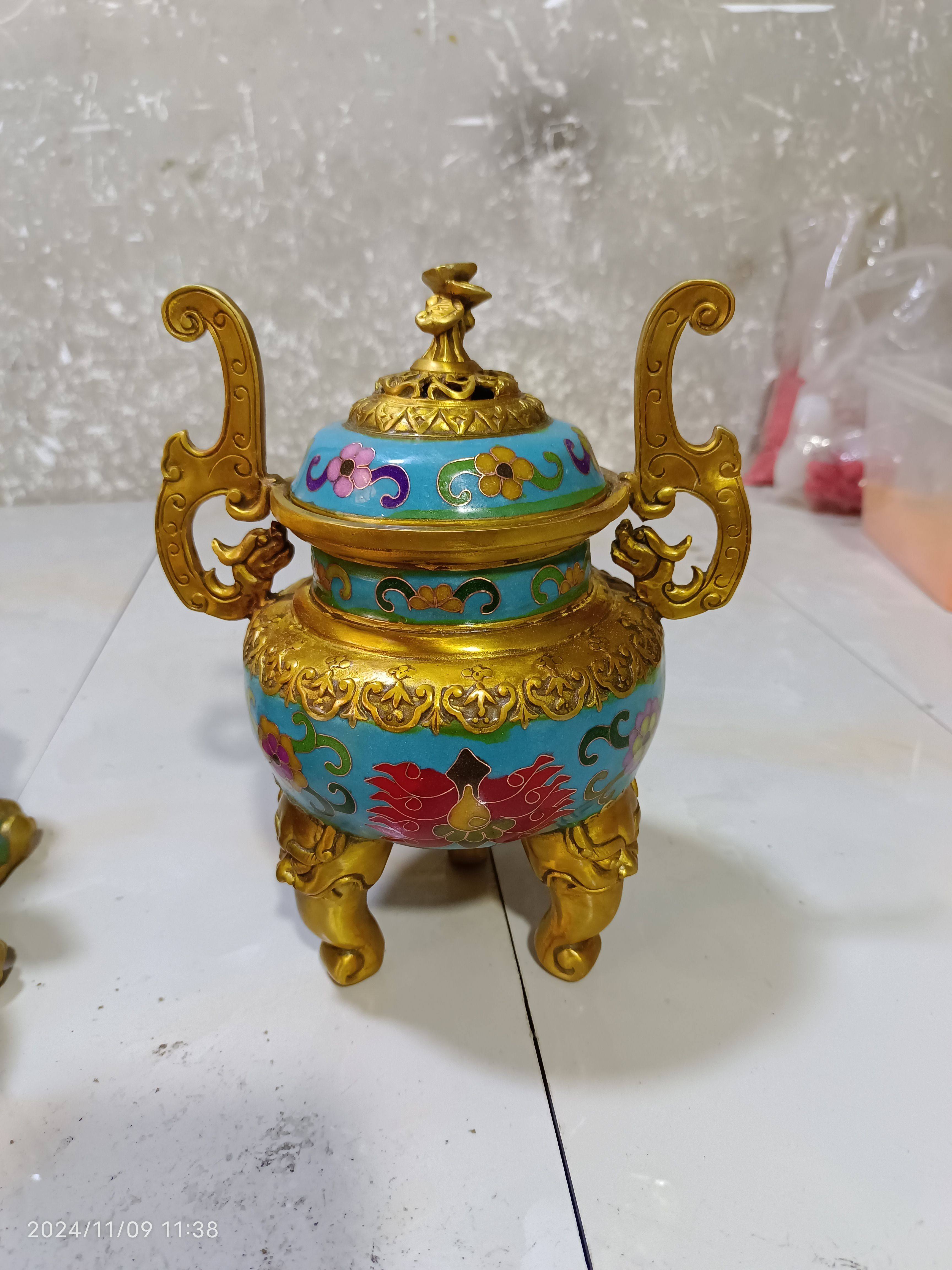 旧家蔵出　大型　希少旧蔵品 純銅製景泰藍香炉「金銭独角獣」／掐絲琺瑯 招財瑞獣 旧家蔵出 大型 希少旧蔵品 純銅製景泰藍香炉「金銭独角獣」／掐