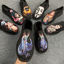 Winter cotton shoes mens slip-on peas shoes printed plus velvet thickened old Beijing cloth shoes Xishan warm shoes lazy shoes