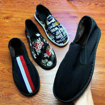 Winter old Beijing cotton shoes low top plus velvet thick slip on mens shoes warm Xishan cloth shoes casual work shoes