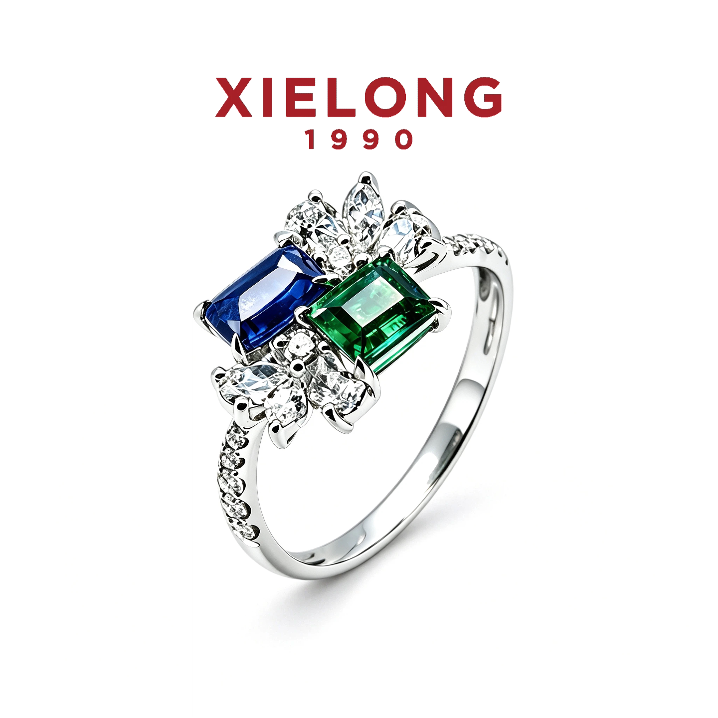 Xielong 18 gold sapphire emerald wedding ring