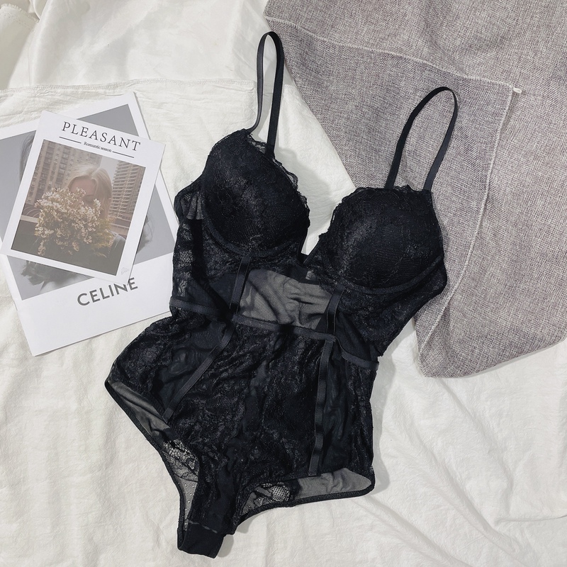 One-Piece Lingerie with Built-In Bra, Sexy Lace Shapewear with Deep V Back, Black Camisole